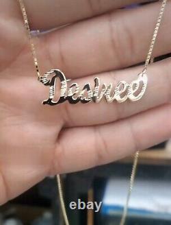 10K 14K Solid Real Gold Customized Name Pendant Cursive Letters With Box Chain