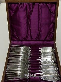 12 Antique Sterling Silver Dessert Forks In Custom Made Bird's Eye Maple Box