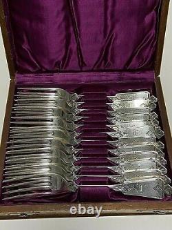 12 Antique Sterling Silver Dessert Forks In Custom Made Bird's Eye Maple Box