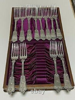 12 Antique Sterling Silver Dessert Forks In Custom Made Bird's Eye Maple Box