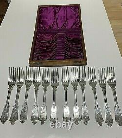 12 Antique Sterling Silver Dessert Forks In Custom Made Bird's Eye Maple Box