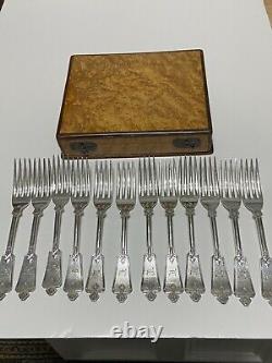 12 Antique Sterling Silver Dessert Forks In Custom Made Bird's Eye Maple Box