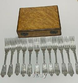 12 Antique Sterling Silver Dessert Forks In Custom Made Bird's Eye Maple Box