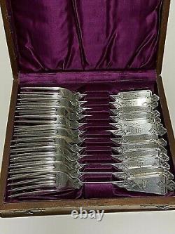 12 Antique Sterling Silver Dessert Forks In Custom Made Bird's Eye Maple Box