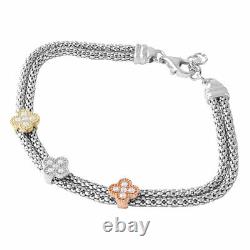 14k White Gold Over 925 Sterling Silver 3 Tone Clover Bracelet / 8'' Adjustable