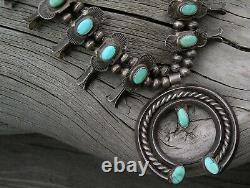 1930's Box-Bow Squash Blossom Necklace Navajo Silver Turquoise Hand Made Beads