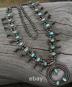 1930's Box-Bow Squash Blossom Necklace Navajo Silver Turquoise Hand Made Beads