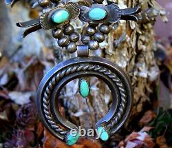 1930's Box-Bow Squash Blossom Necklace Navajo Silver Turquoise Hand Made Beads