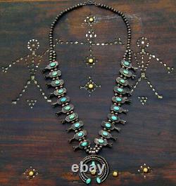 1930's Box-Bow Squash Blossom Necklace Navajo Silver Turquoise Hand Made Beads