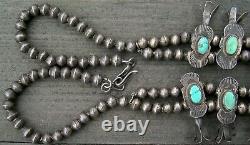 1930's Box-Bow Squash Blossom Necklace Navajo Silver Turquoise Hand Made Beads