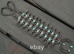 1930's Box-Bow Squash Blossom Necklace Navajo Silver Turquoise Hand Made Beads