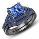 2.33 ct Blue Diamond Bridal Set Black Sterling Silver Ring Lab Created Jewelry