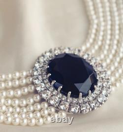 30Ct Oval Cut Blue Sapphire Lab Created Stone Necklace With Pearl in Silver S925