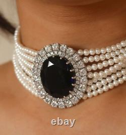 30Ct Oval Cut Blue Sapphire Lab Created Stone Necklace With Pearl in Silver S925