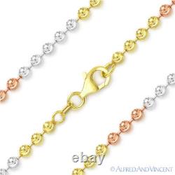 3mm Moon-Cut Ball Bead Link Tri-Tone. 925 Sterling Silver Italian Chain Necklace