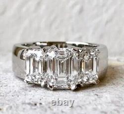 4.20Ct Emerald Cut Moissanite 3-Stone Wedding Halo Ring Real 925 Sterling Silver