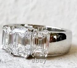 4.20Ct Emerald Cut Moissanite 3-Stone Wedding Halo Ring Real 925 Sterling Silver