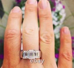 4.20Ct Emerald Cut Moissanite 3-Stone Wedding Halo Ring Real 925 Sterling Silver