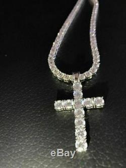 4mm Single Row Tennis Chain W. Cross Solid 925 Sterling Silver Man Made Diamond