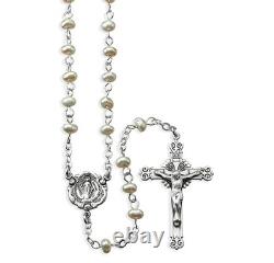 4mm White Freshwater Pearl Rosary withSterling Silver Center & Crucifix, US Made
