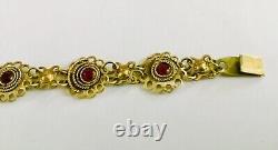 50's Sterling Silver ISRAEL Made Red Faceted Stones Flower Link Bracelet 7