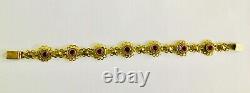 50's Sterling Silver ISRAEL Made Red Faceted Stones Flower Link Bracelet 7