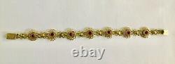 50's Sterling Silver ISRAEL Made Red Faceted Stones Flower Link Bracelet 7
