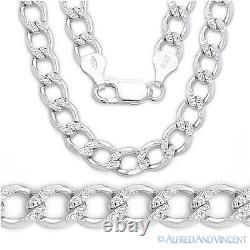 7mm Cuban Curb Link Diamond-Cut Pave 925 Sterling Silver Italian Chain Necklace