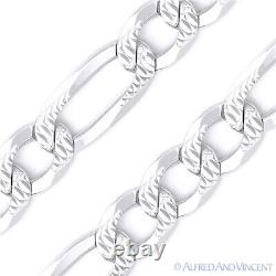 8.4mm Figaro Link Chain Diamond-Cut Pave Necklace in. 925 Italy Sterling Silver