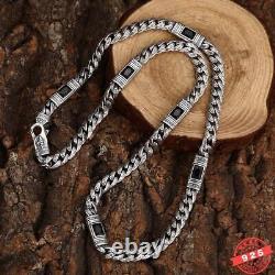 8MM Real 925 Sterling Silver Vintage Cuban Link Chain Men Black Zircon Necklace