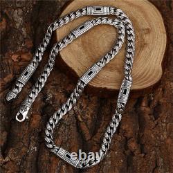 8MM Real 925 Sterling Silver Vintage Cuban Link Chain Men Black Zircon Necklace