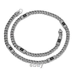 8MM Real 925 Sterling Silver Vintage Cuban Link Chain Men Black Zircon Necklace