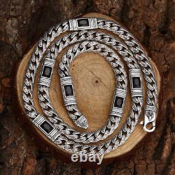 8MM Real 925 Sterling Silver Vintage Cuban Link Chain Men Black Zircon Necklace