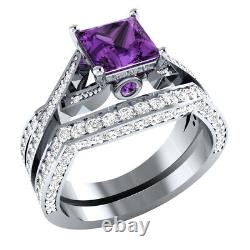 925 Sterling Silver 1.85 Ct Simulated Purple Amethyst Engagement Bridal Ring Set