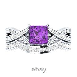 925 Sterling Silver 1.85 Ct Simulated Purple Amethyst Engagement Bridal Ring Set