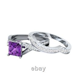 925 Sterling Silver 1.85 Ct Simulated Purple Amethyst Engagement Bridal Ring Set