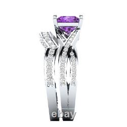 925 Sterling Silver 1.85 Ct Simulated Purple Amethyst Engagement Bridal Ring Set