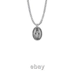 925 Sterling Silver Antiqued Miraculous Medal Mary Pendant Necklace Made In USA