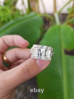 925 Sterling Silver Chino Link ID Initial Ring with Greek Border Made To Order