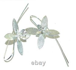 925 Sterling Silver Earrings Italy Made Silver Flowers Design 2 3/8 Long