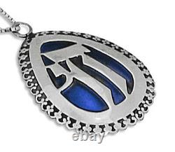 925 Sterling Silver Filigree CHAI Pendant Necklace Made in Israel Blue