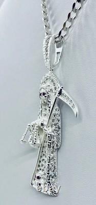 925 Sterling Silver Iced Out Santa Muerte Reaper Pendant Made In Taxco Mexico