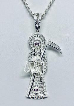 925 Sterling Silver Iced Out Santa Muerte Reaper Pendant Made In Taxco Mexico