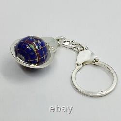 925 Sterling Silver Keychain Genuine Gemstone Globe Key Chain Ring Made in Italy