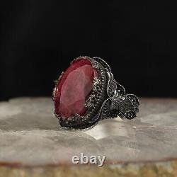 925 Sterling Silver Men's Ring with Ruby Stone Turkish Master Made Silver Ring