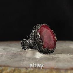 925 Sterling Silver Men's Ring with Ruby Stone Turkish Master Made Silver Ring