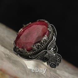 925 Sterling Silver Men's Ring with Ruby Stone Turkish Master Made Silver Ring