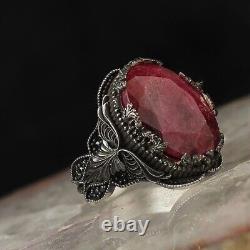 925 Sterling Silver Men's Ring with Ruby Stone Turkish Master Made Silver Ring