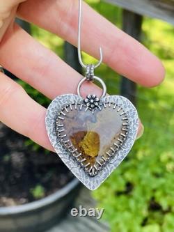 925 Sterling Silver Moss Agate Heart Pendant Green Moss Agate ARTISAN MADE