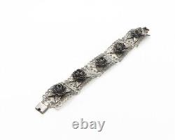 925 Sterling Silver Vintage Hand Made Oxidized Rose Chain Bracelet BT6807